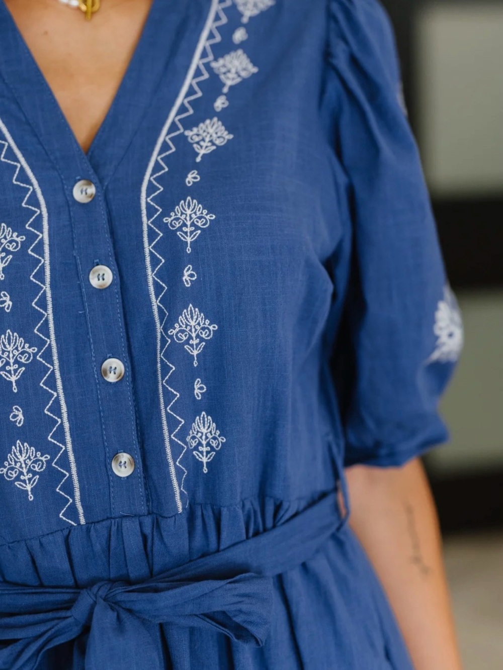 Blue Embroidered Tiered Midi dress with Waist Tie - Picture 4 of 4